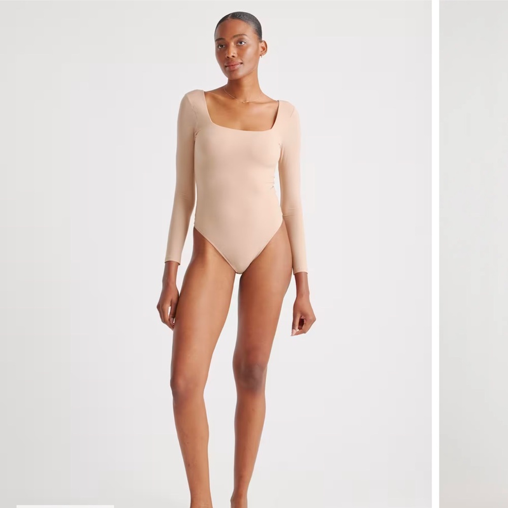 Quince Second Skin Square Neck Long Sleeve Bodysuit Sz S NEW Sand